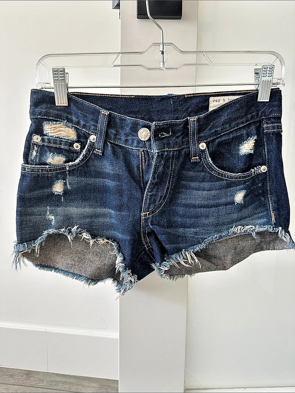 rag & bone The Cut-Off Short Distressed Denim Jean Shorts in Blue- mid rise